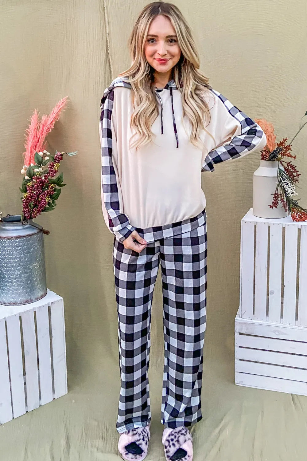 And The Why Drawstring Hooded Top and Plaid Pants Lounge Set Easy Apparels