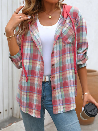 Trendsi Plaid Button-Up Hooded Shirt