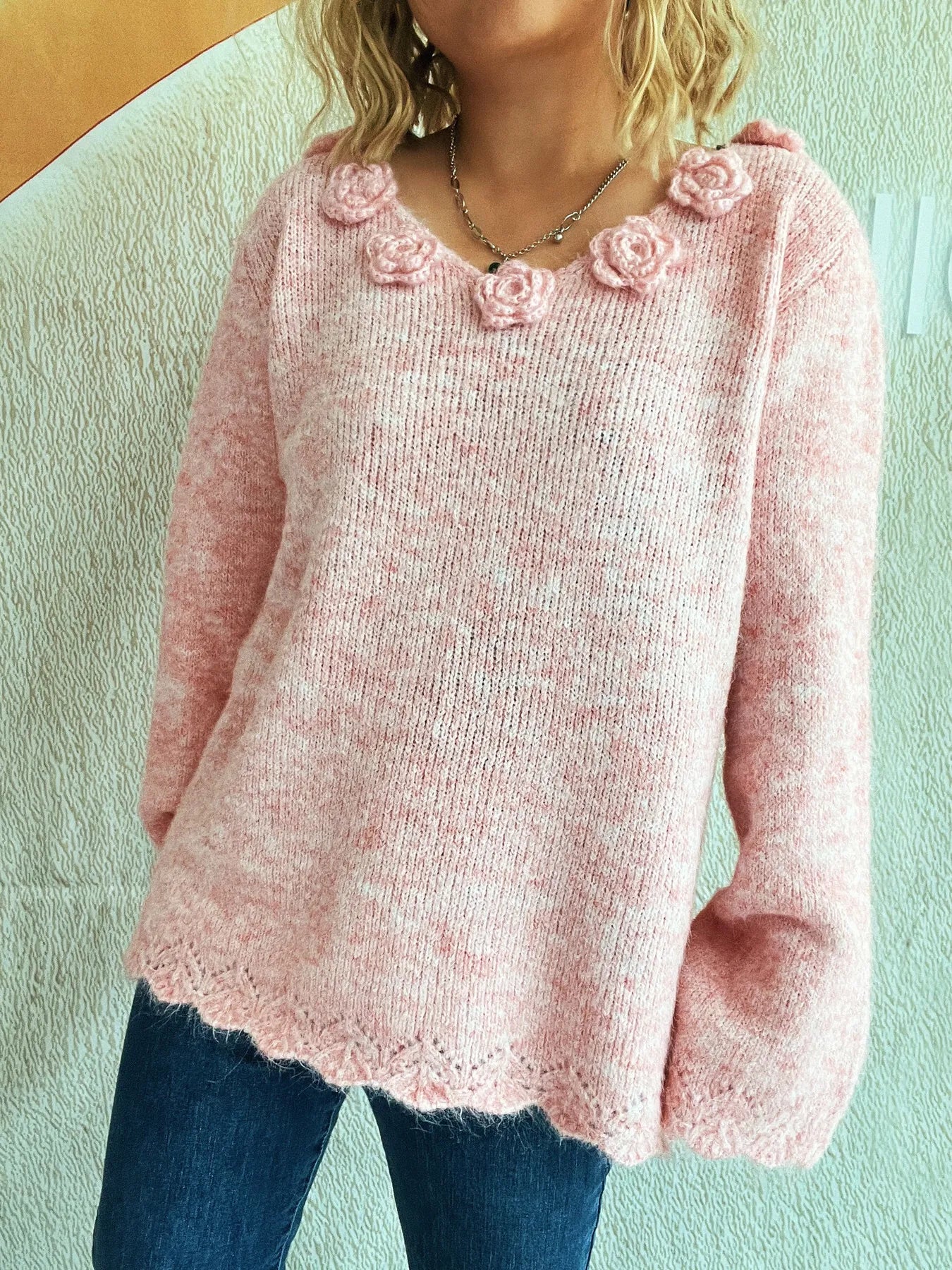 Trendsi Flower V-Neck Long Sleeve Sweater