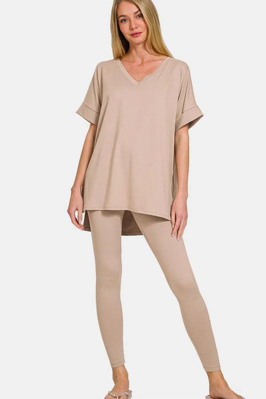 Zenana Full Size V-Neck Rolled Short Sleeve T-Shirt and Leggings Lounge Set Lt Mocha Easy Apparels