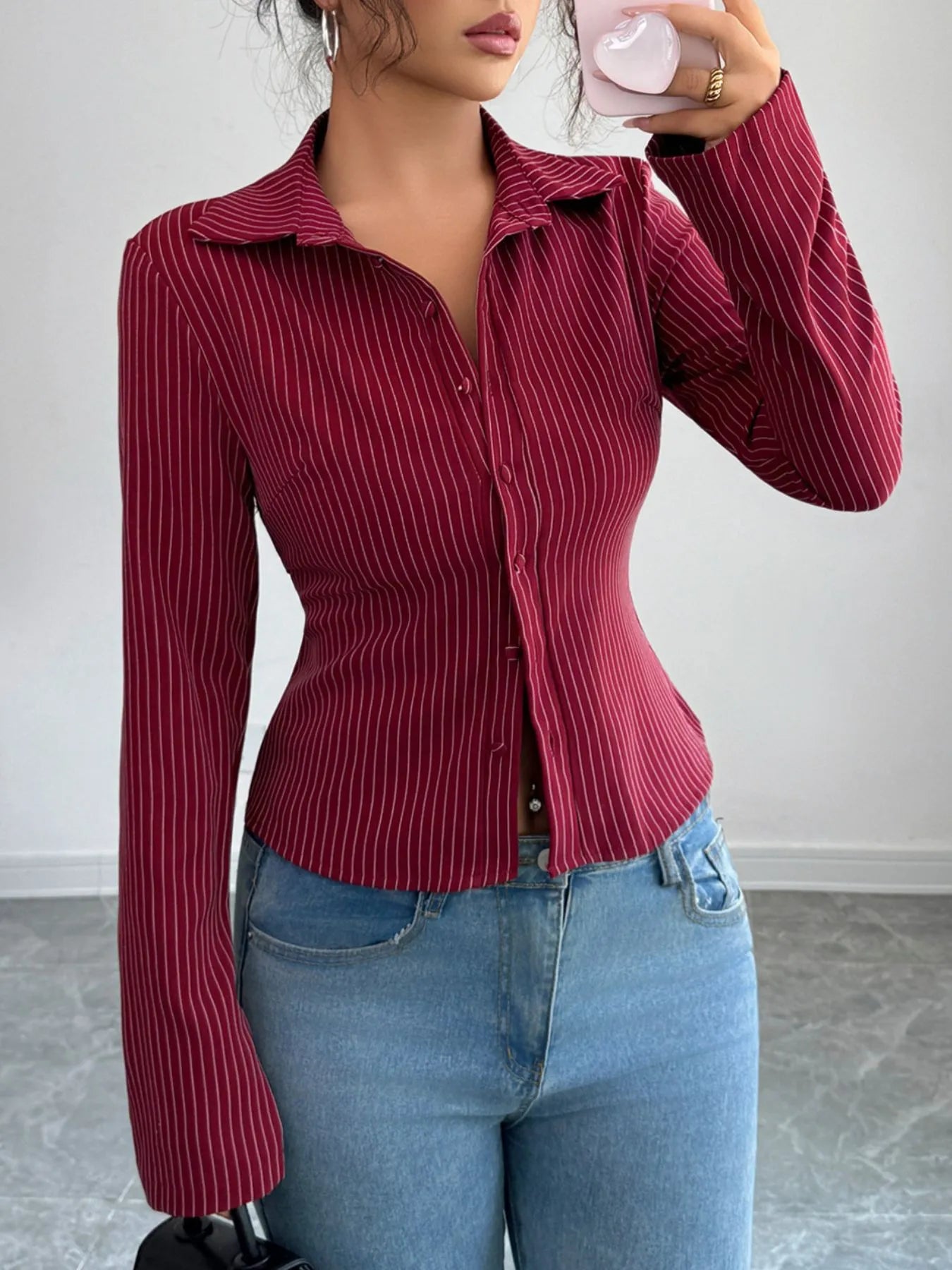 Trendsi Striped Button-Up Fitted Shirt