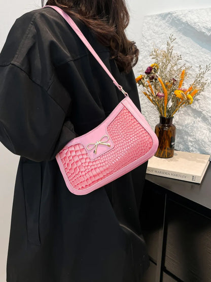 Crocodile Pattern Shoulder Bag with Bow Detail Pink One Size Easy Apparels