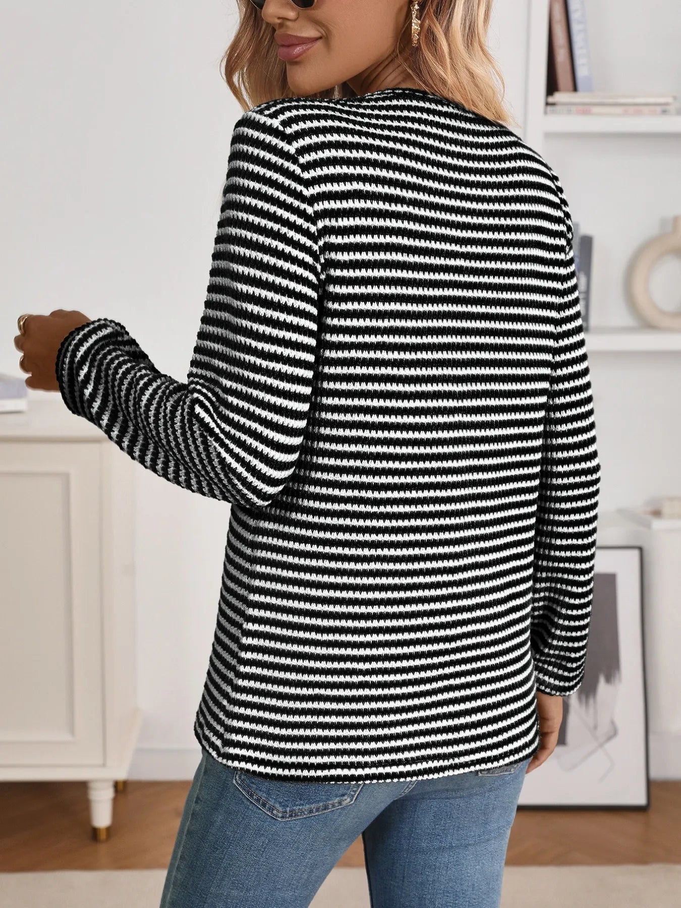 Trendsi Striped Button Detail Long Sleeve Top
