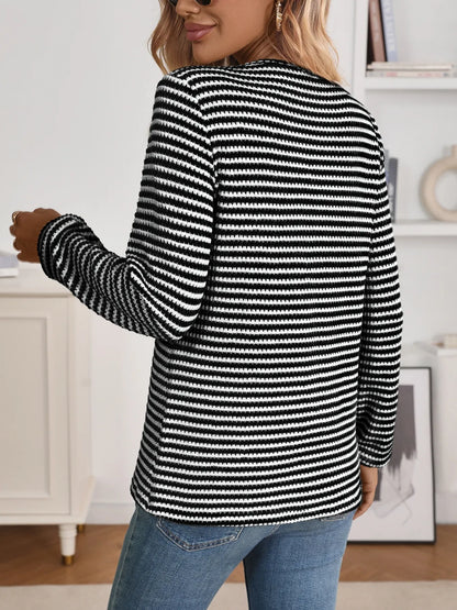 Trendsi Striped Button Detail Long Sleeve Top