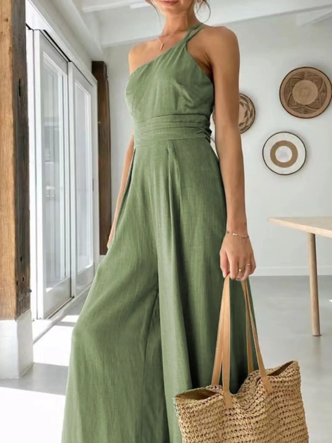 Single Shoulder Wide Leg Jumpsuit Bean Green Easy Apparels