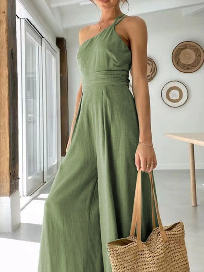 Single Shoulder Wide Leg Jumpsuit Bean Green Easy Apparels
