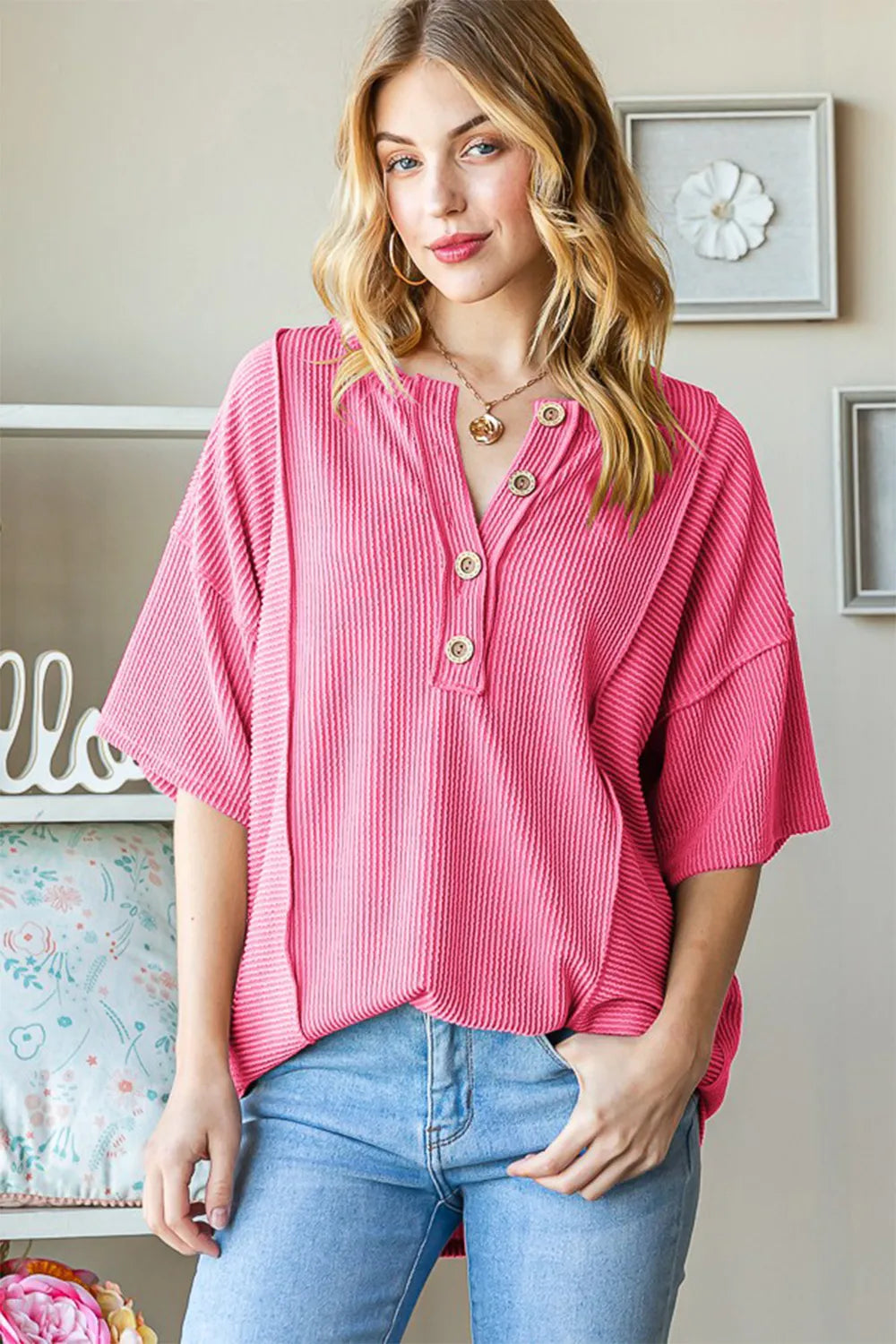 Trendsi Heimish Full Size Ribbed Half Button Drop Shoulder Top HOT PINK