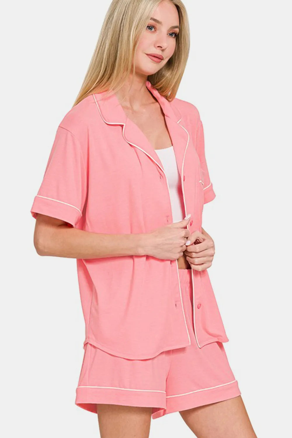 Zenana Button Down Short Sleeve Top and Shorts Lounge Set Easy Apparels