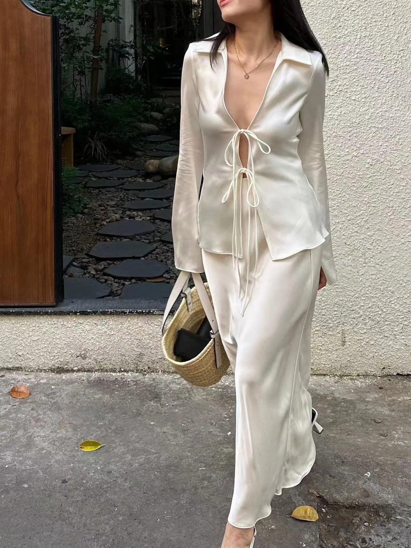 Trendsi Satin Tie-Front Long Sleeve Shirt White