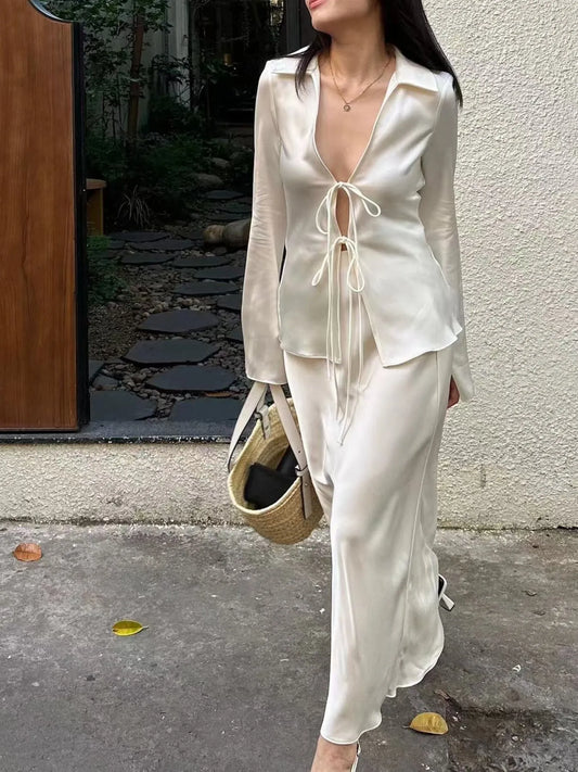 Trendsi Satin Tie-Front Long Sleeve Shirt White