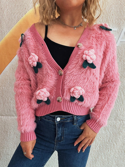 Flower Fuzzy Button-Up Cardigan Pink One Size Easy Apparels