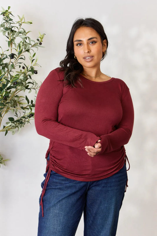 Trendsi Culture Code Full Size Drawstring Round Neck Long Sleeve Top WINE