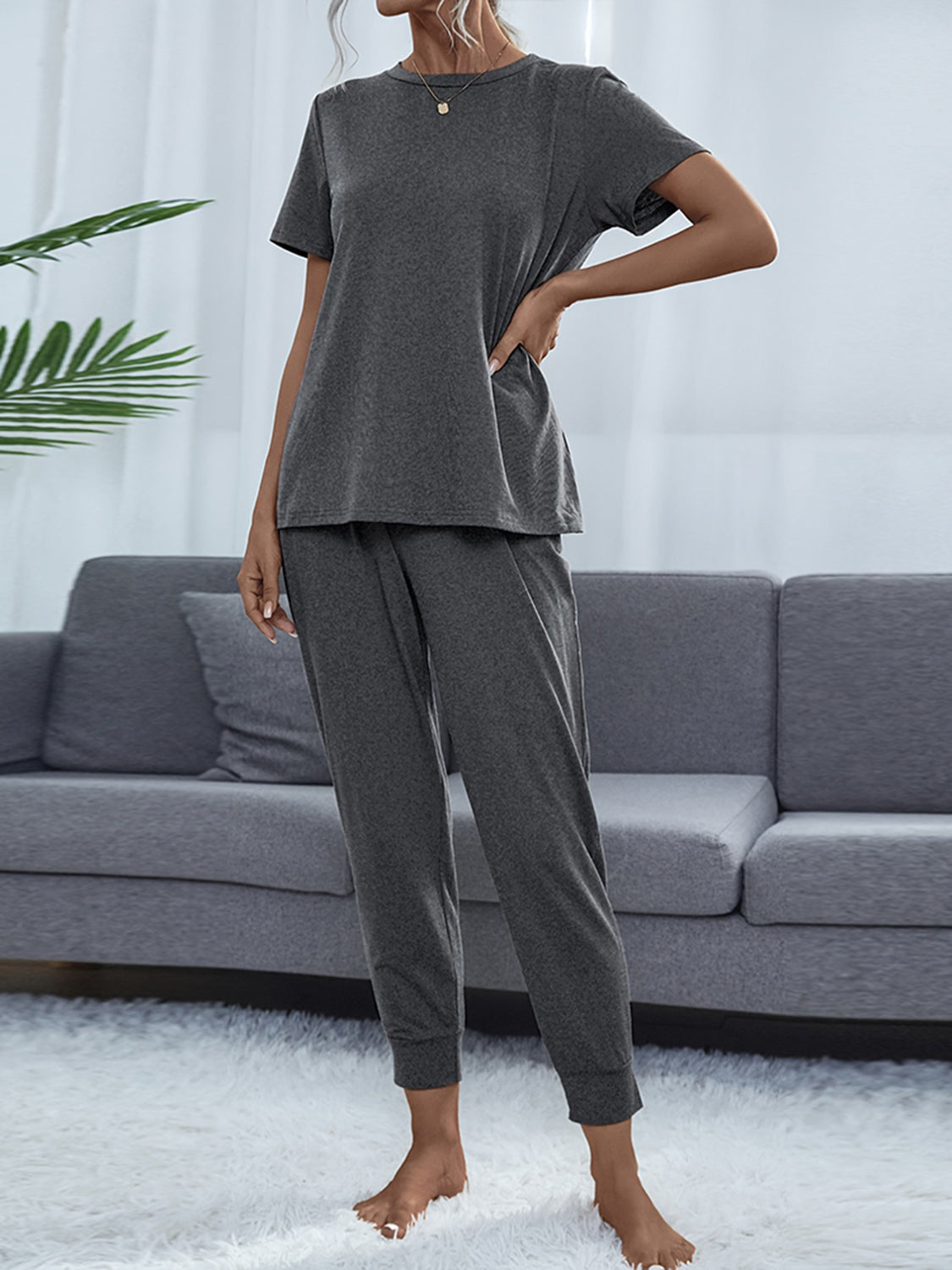Shiny Round Neck Short Sleeve Top and Pants Set Easy Apparels