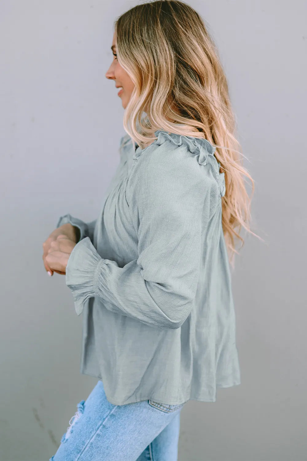 Trendsi Frill Trim Flounce Sleeve Blouse