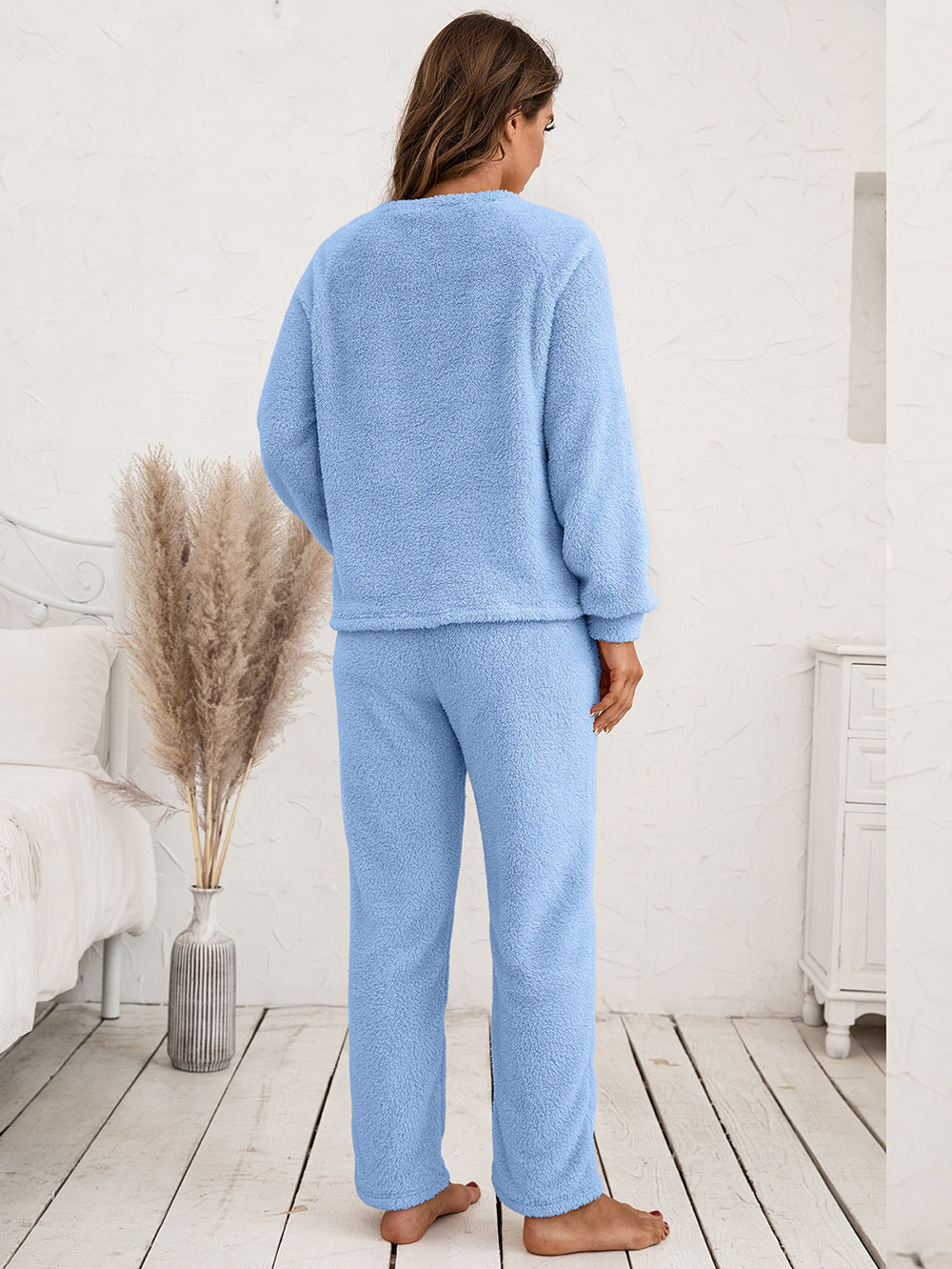 Ivy Lane Teddy Long Sleeve Top and Pants Lounge Set Easy Apparels