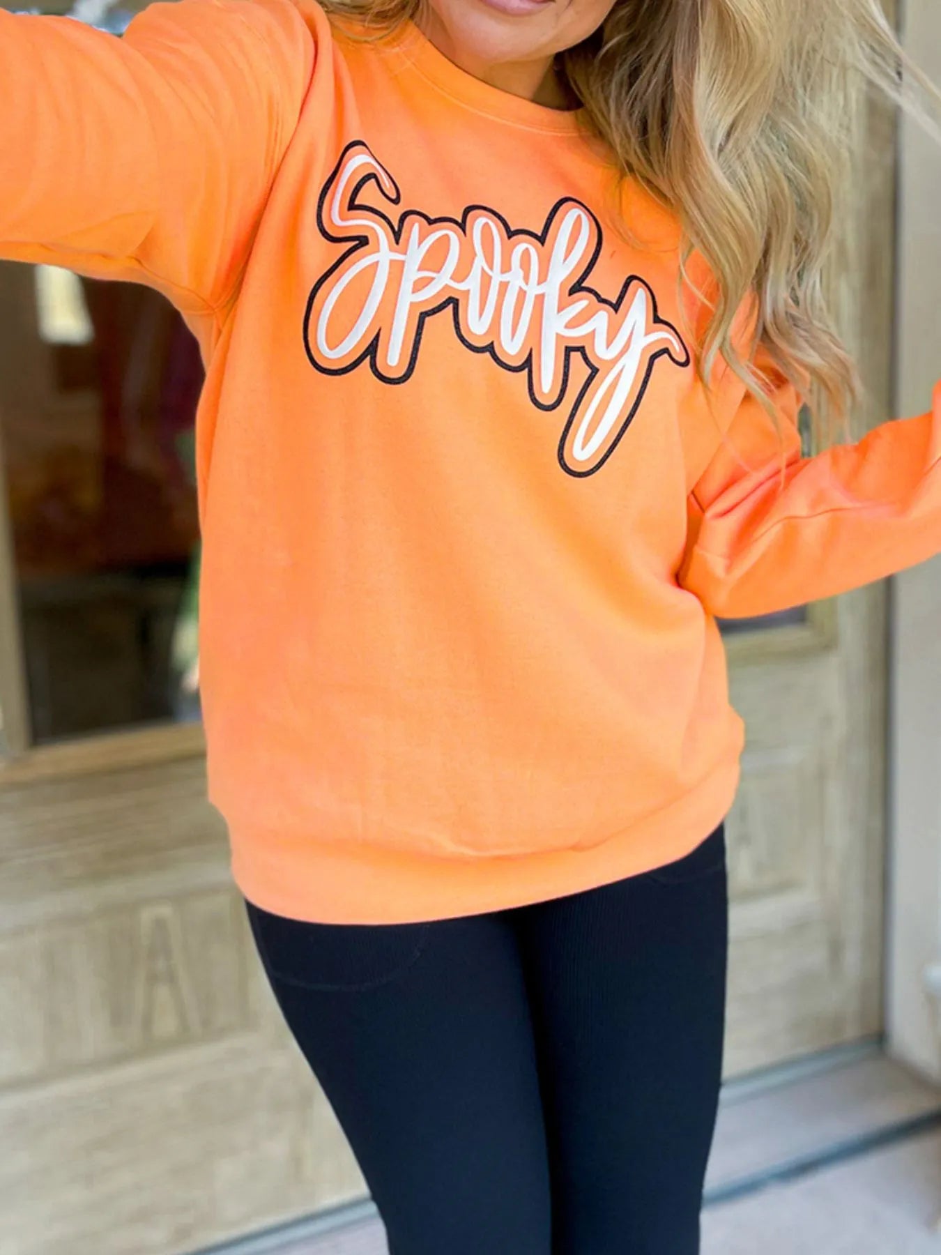 Trendsi Spooky Round Neck Long Sleeve Sweatshirt Tangerine