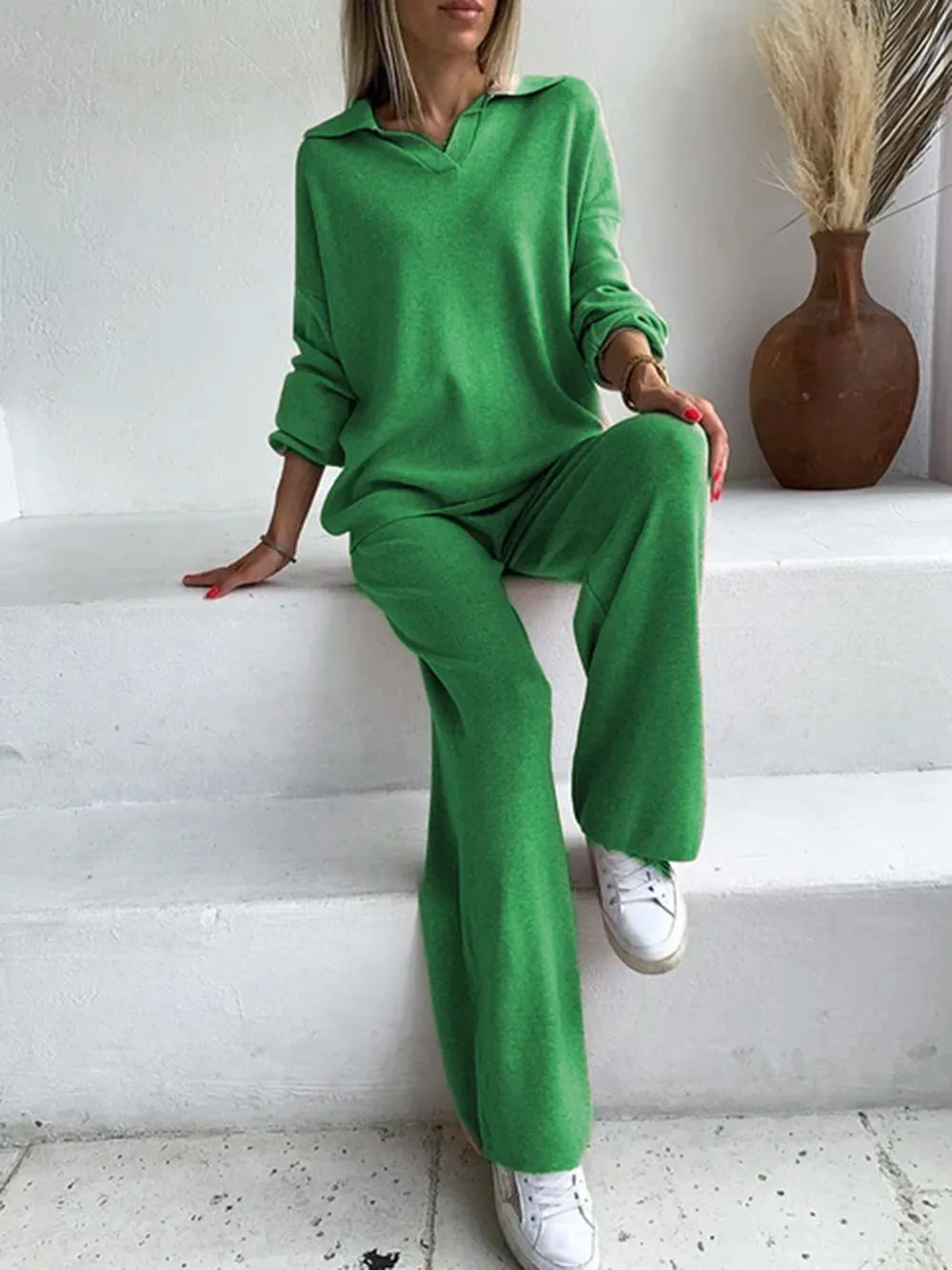 Johnny Collar Long Sleeve Top and Pants Sweater Set Dark Green One Size Easy Apparels
