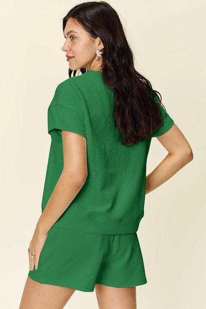 Double Take Full Size Texture Short Sleeve T-Shirt and Drawstring Shorts Set Easy Apparels