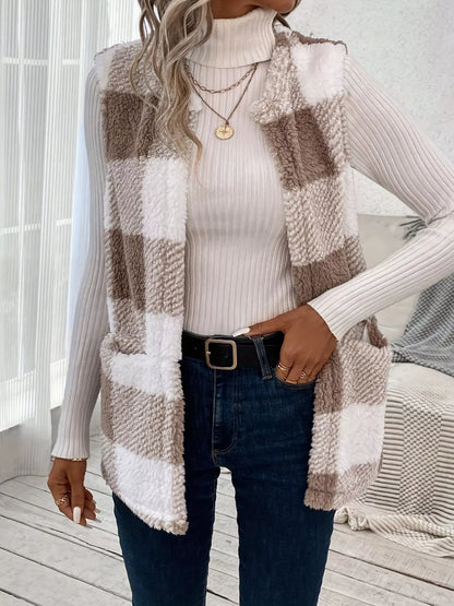Plaid Sherpa Vest Coat with Pockets Easy Apparels