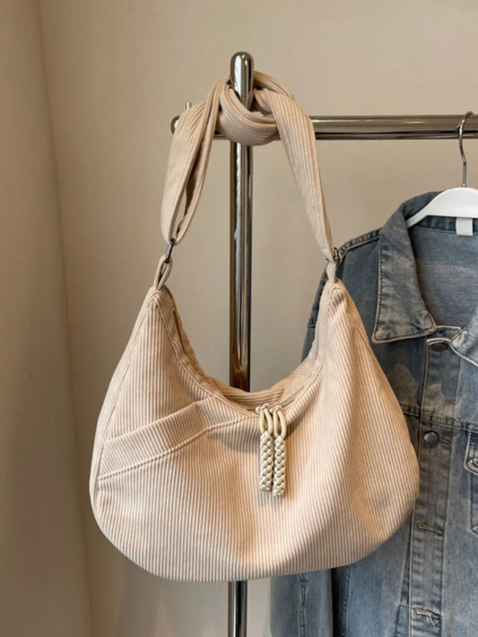 Ribbed Adjustable Strap Shoulder Bag Beige One Size Easy Apparels