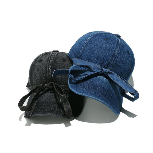 Washed Bow Denim Baseball Cap Navy One Size Easy Apparels