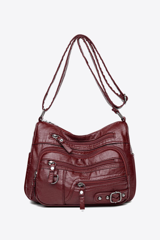 Multi-Pocket PU Leather Crossbody Bag Burgundy One Size Easy Apparels