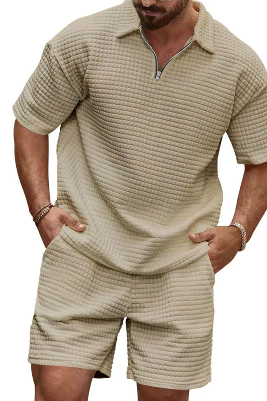 Men's Full Size Zip Collar Short Sleeve Top and Shorts Set Plus Size Khaki Easy Apparels
