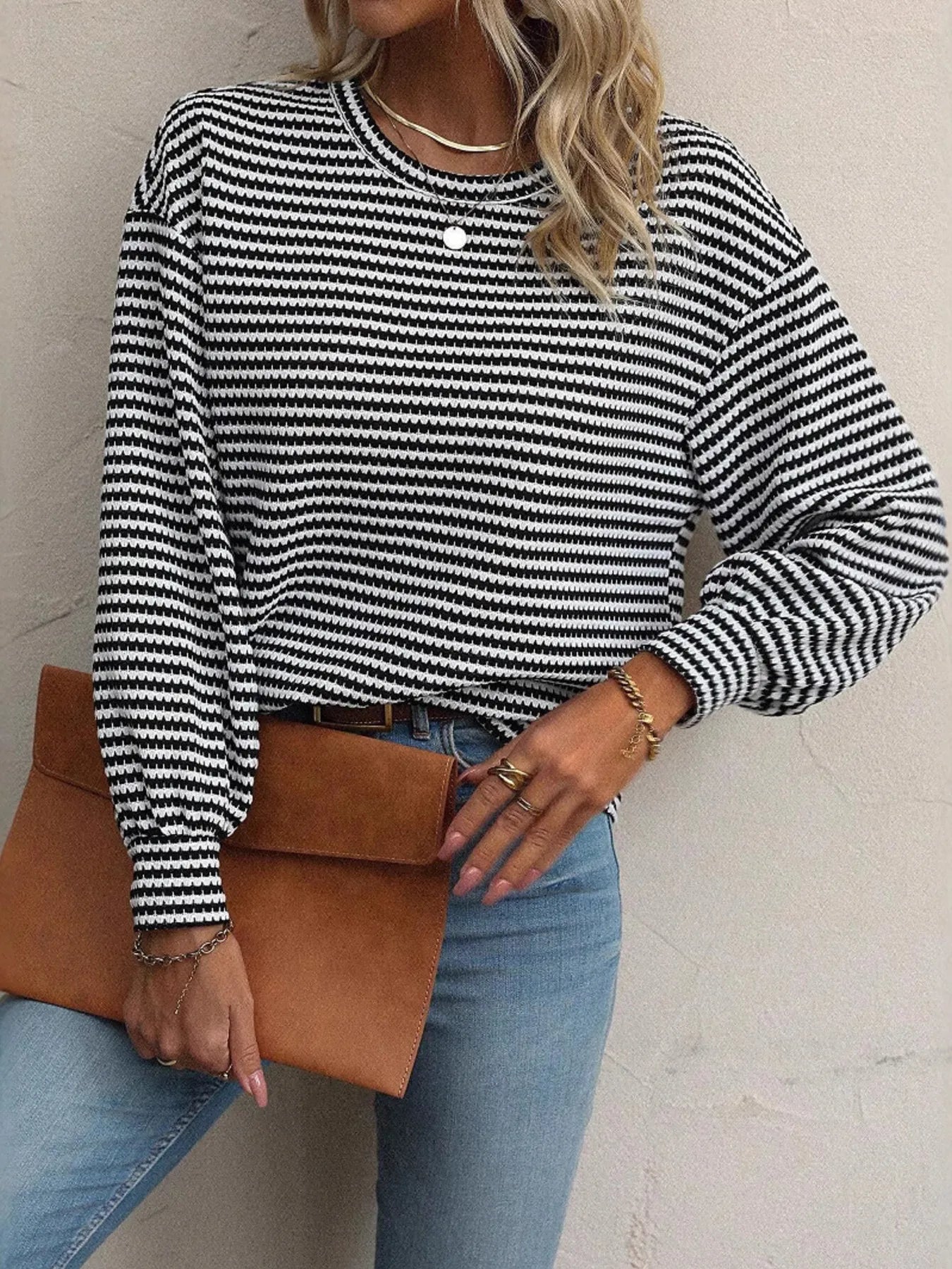 Trendsi Striped Round Neck Lantern Sleeve Top