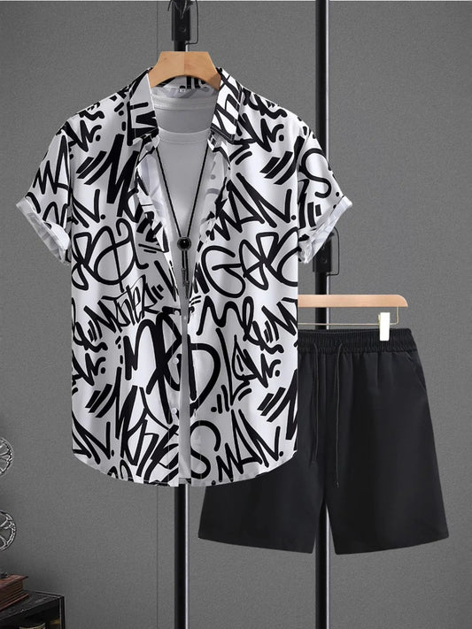 Men's Letter Print Shirt and Shots Set Black Easy Apparels