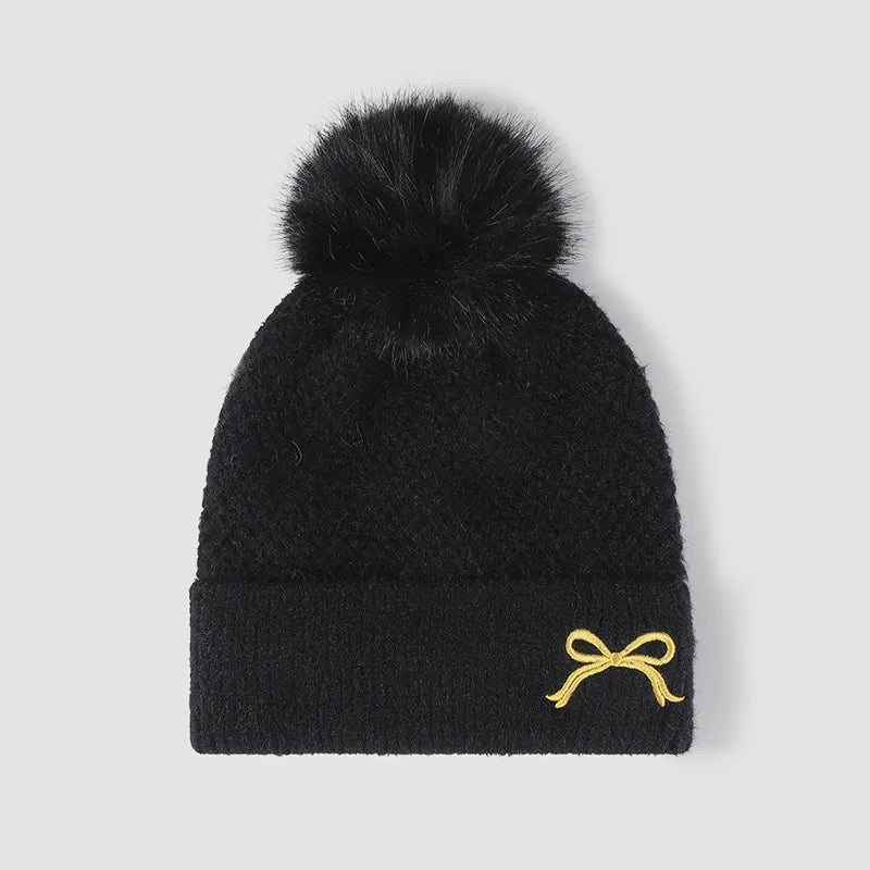 Thermal Bow Knit Hat with Pompom Black One Size Easy Apparels