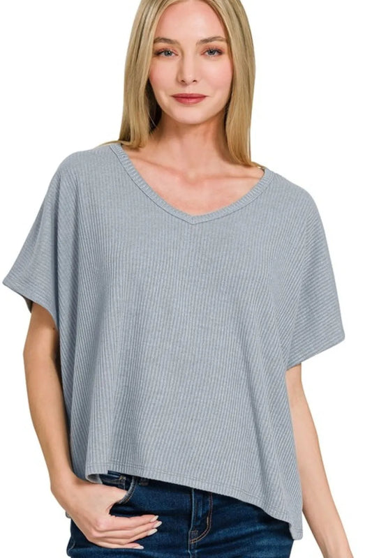 Trendsi Zenana Ribbed V-Neck Short-Sleeve Knit Top BLUE GREY