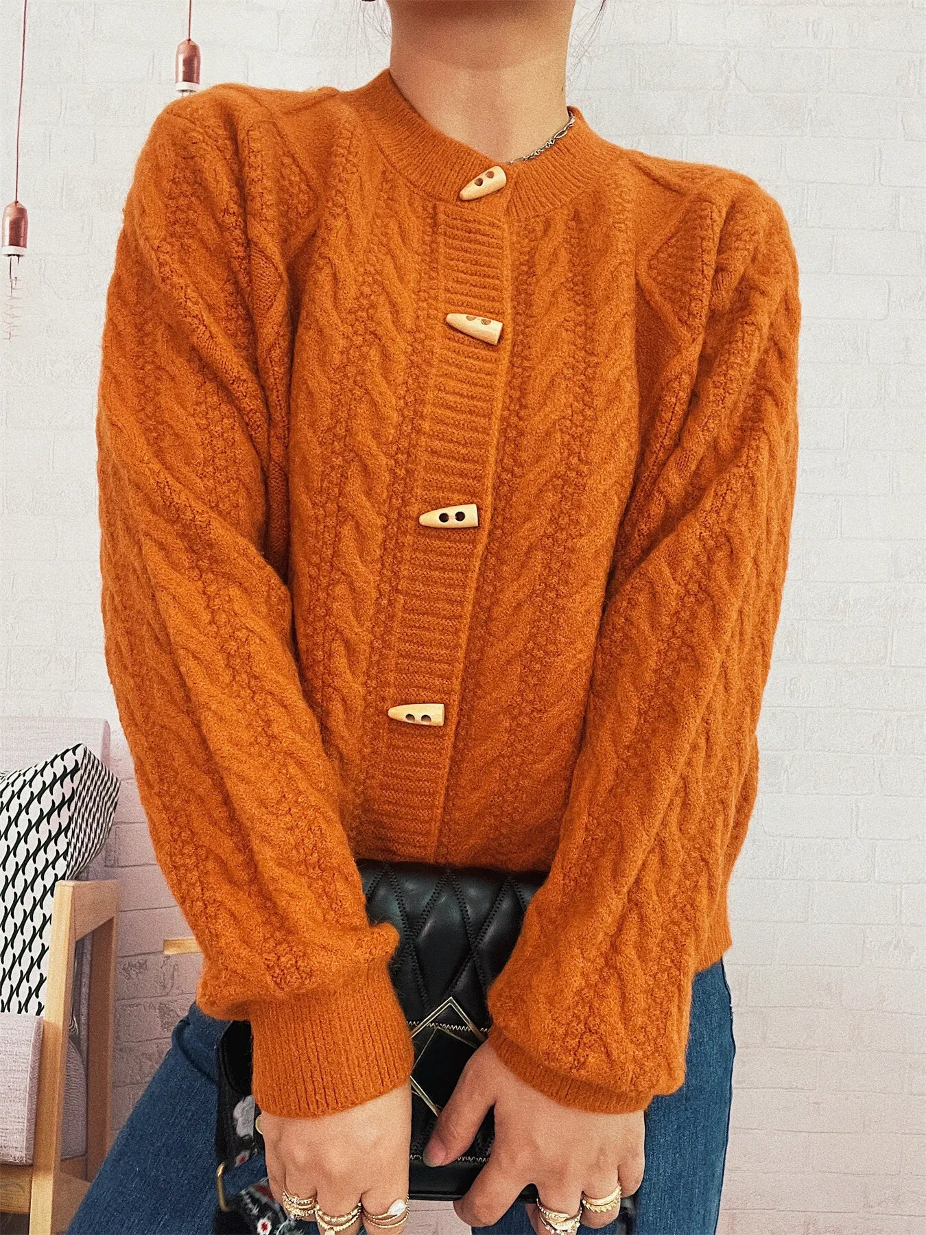 Cable Knit Button-Up Cardigan Easy Apparels