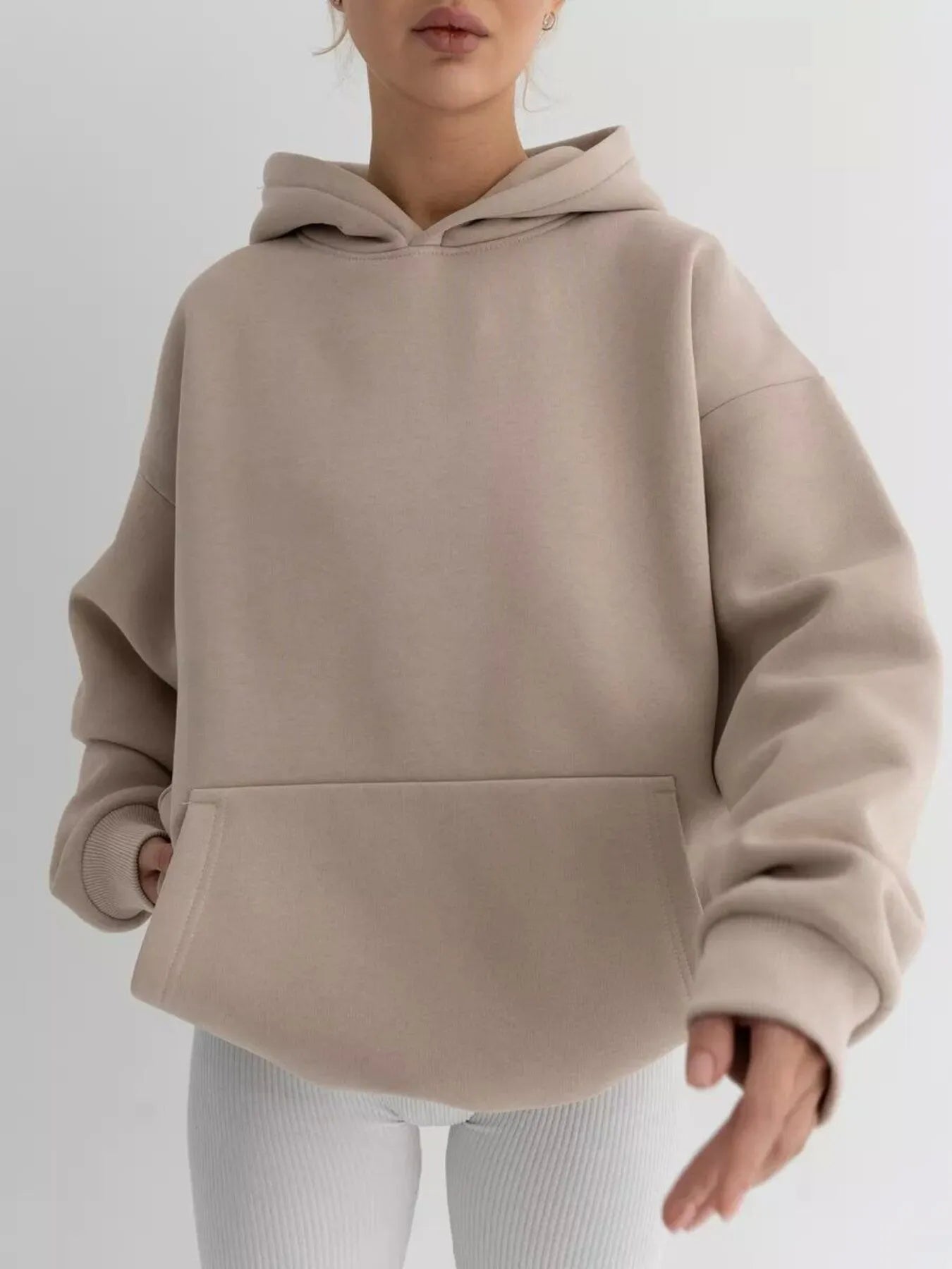 Trendsi Kangaroo Pocket Long Sleeve Hoodie Dust Storm