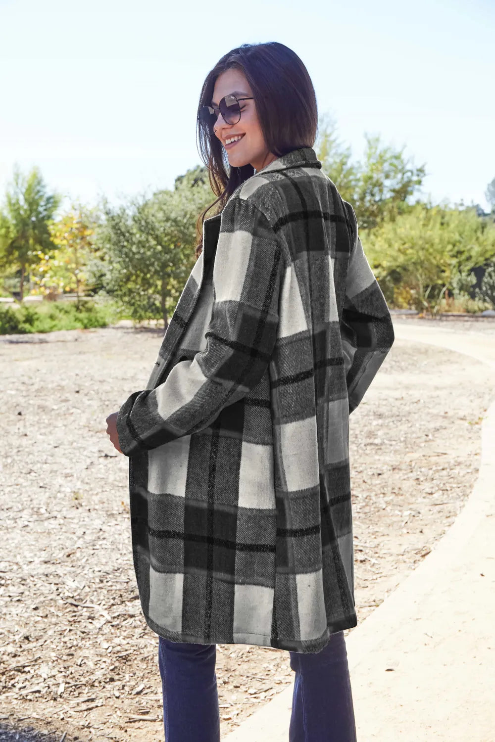 Double Take Full Size Plaid Button Up Lapel Collar Coat Easy Apparels