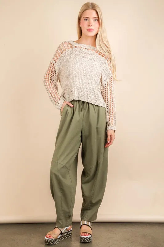 VERY J Solid Barrel Comfy Woven Pants Olive Easy Apparels