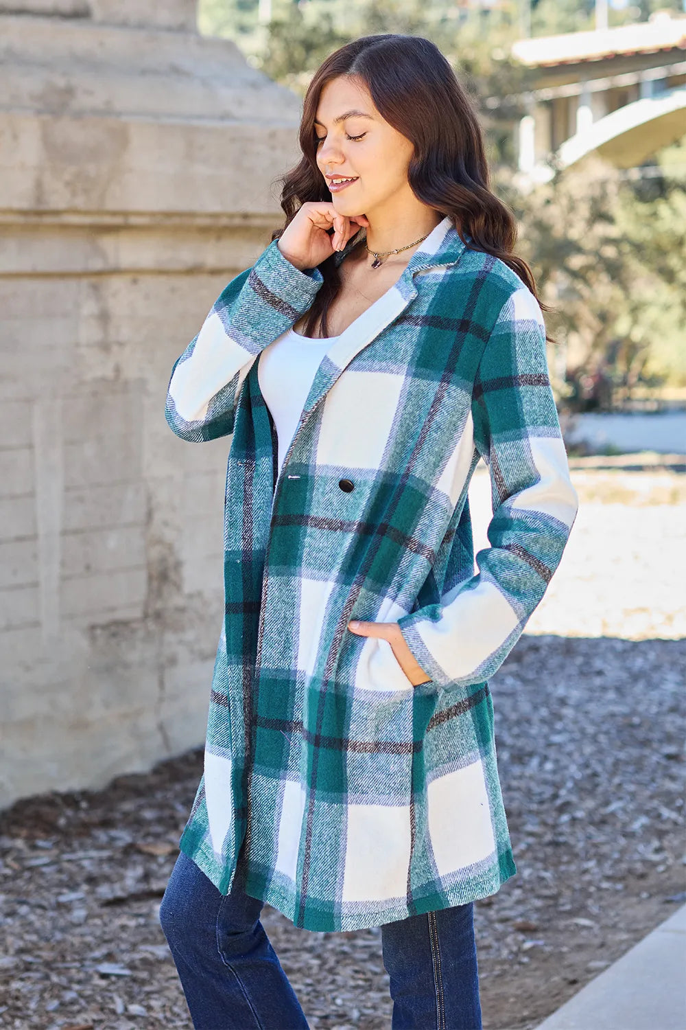 Double Take Full Size Plaid Button Up Lapel Collar Coat Easy Apparels