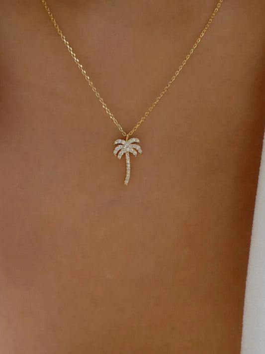 Zircon Palm Tree Pendant Necklace Gold One Size Easy Apparels