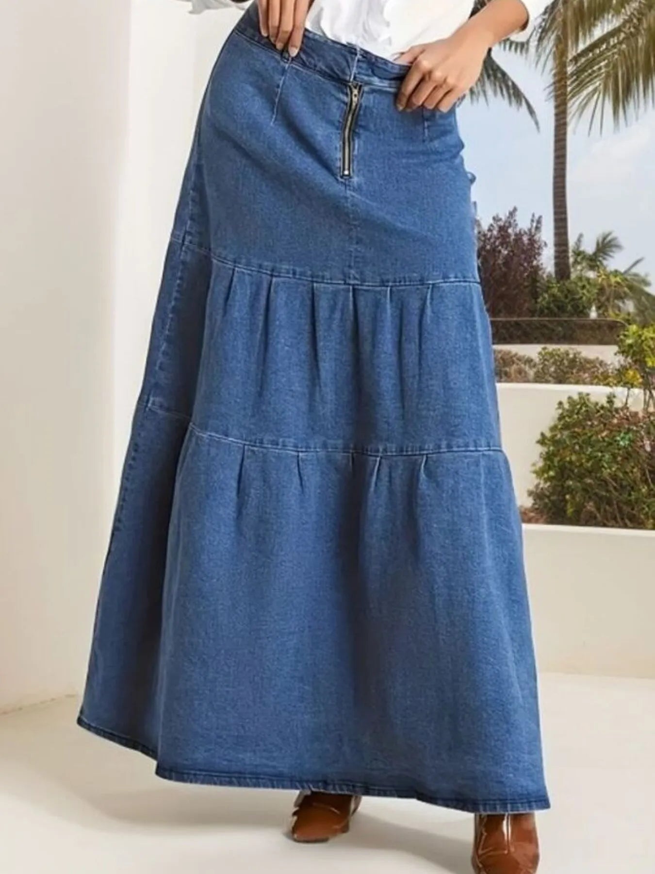 Tiered Maxi Denim Skirt with Zipper Detail Easy Apparels