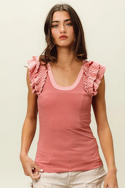 Trendsi BiBi Rib Knit With Textured Ruffled Top
