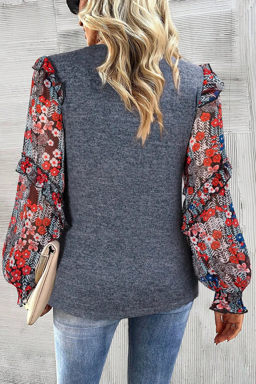 Trendsi Heathered Floral Frill Lantern Sleeve Blouse