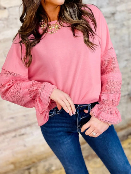 Trendsi Lace Detail Flounce Sleeve Sweatshirt Dusty Pink