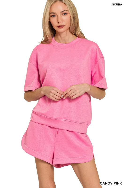 Zenana Scuba Short Sleeve Top & Shorts Set CANDY PINK Easy Apparels