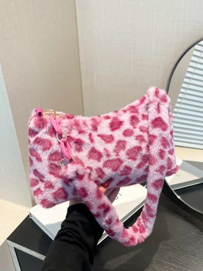 Leopard Fluff Shoulder Bag Fuchsia Pink One Size Easy Apparels
