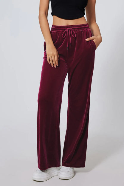 Drawstring Waist Wide Leg Active Pants Burgundy Easy Apparels