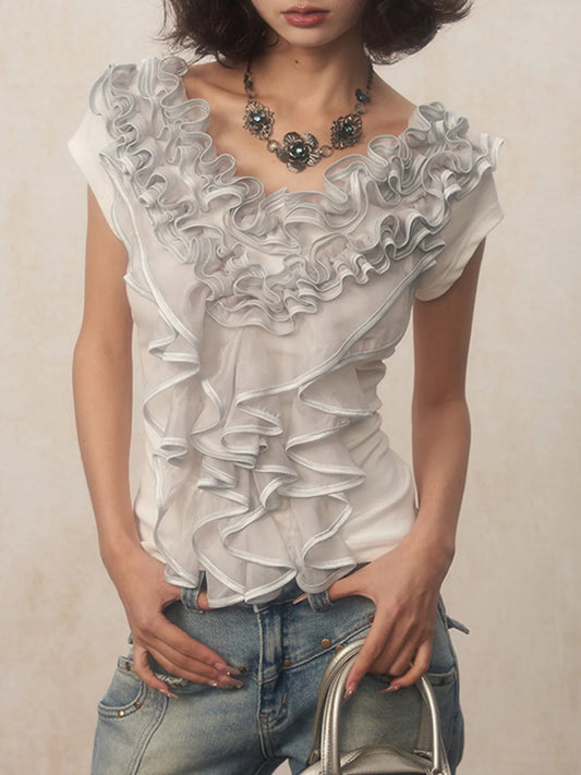 Trendsi Ruffled Round Neck Top White