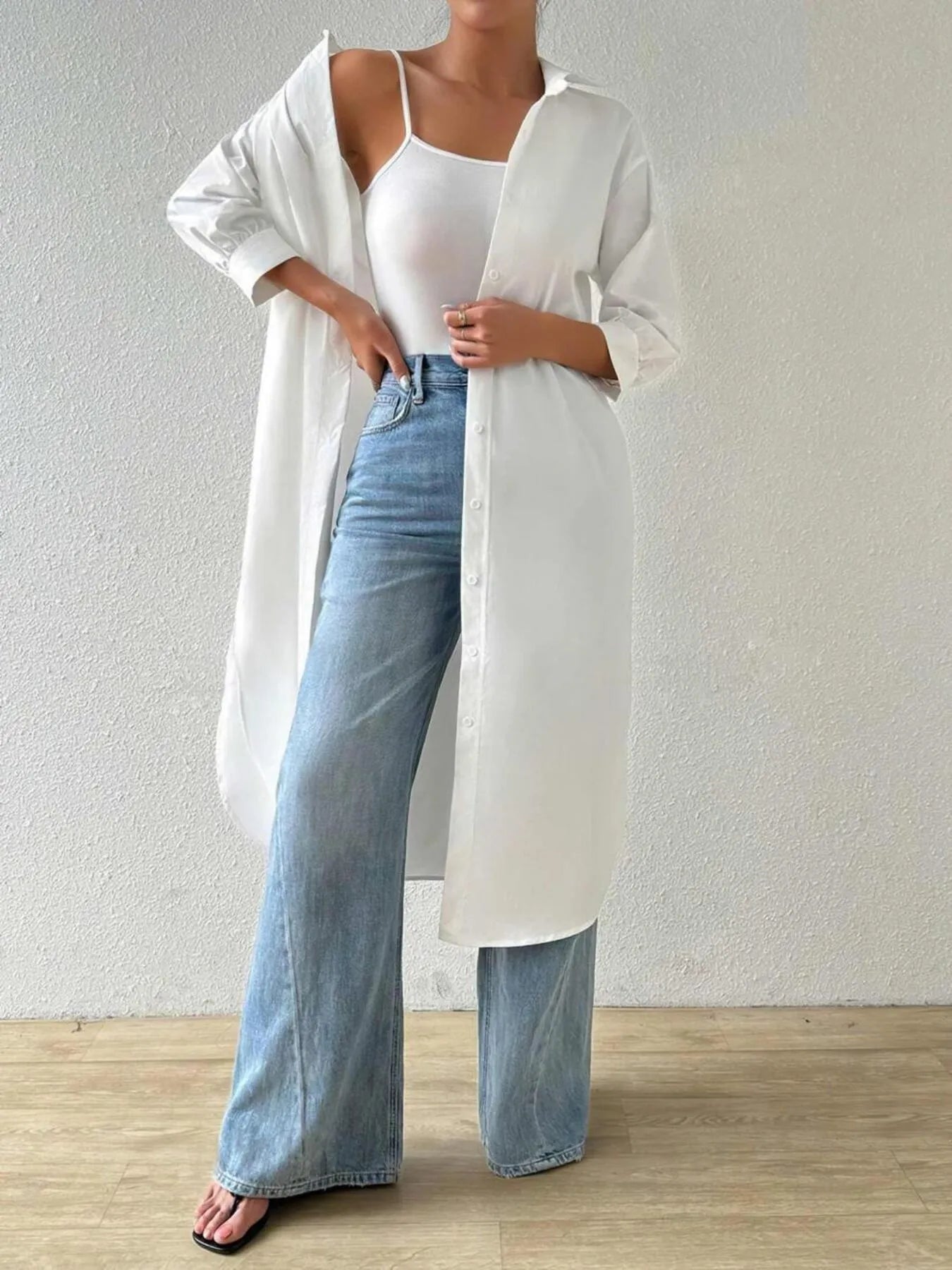 Trendsi Button-Up Long Sleeve Longline Shirt