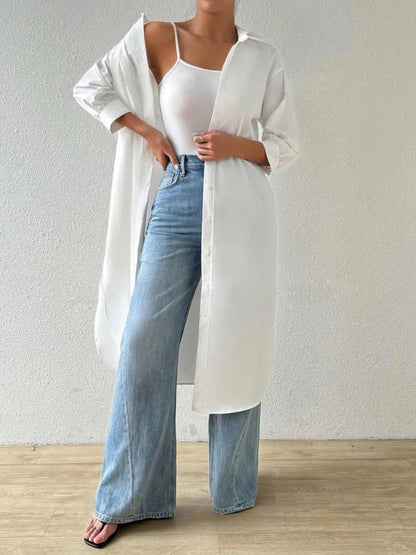 Trendsi Button-Up Long Sleeve Longline Shirt