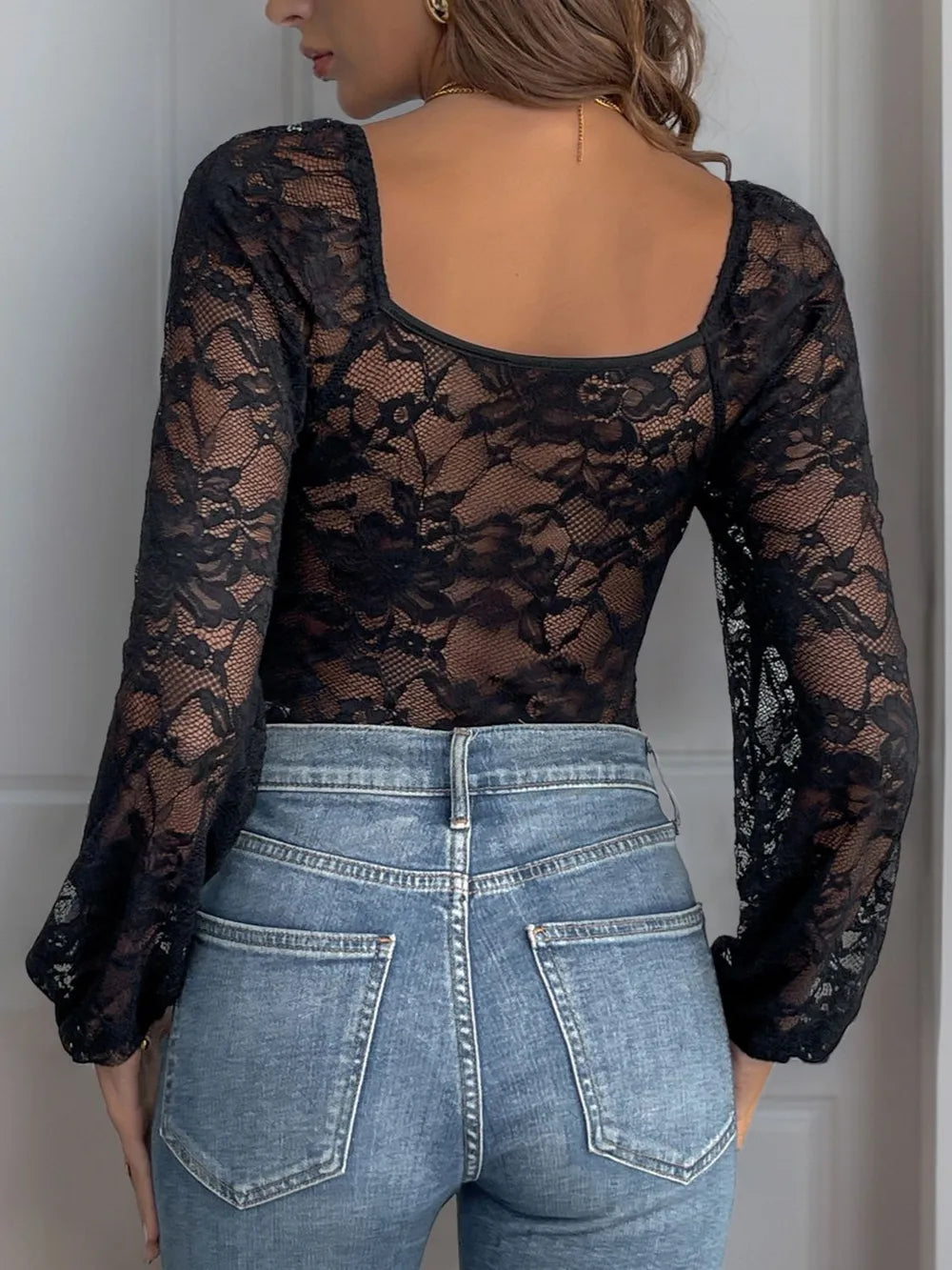 Trendsi Perfee Lace V-Neck Long Sleeve Bodysuit