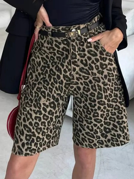 Leopard Print High-Waisted Casual Shorts Brown Easy Apparels