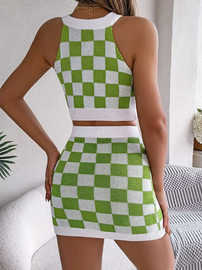 Checkered Grecian Neck Cami and Skirt Sweater Set Easy Apparels
